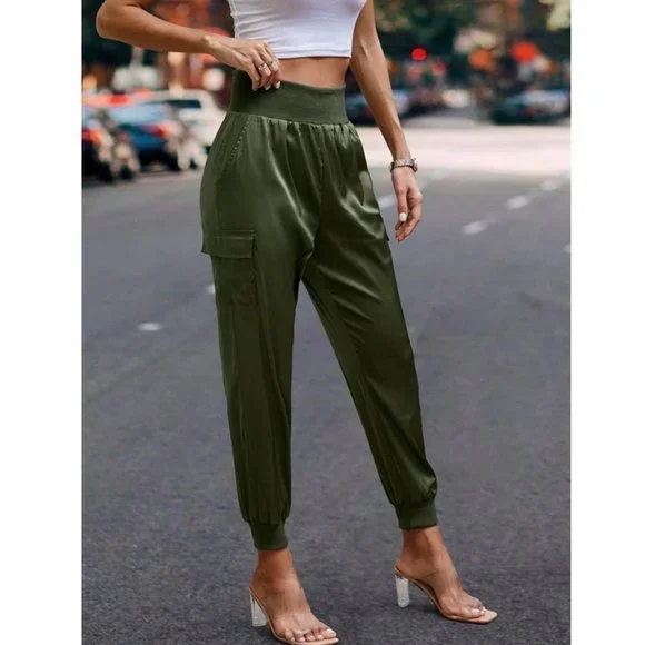 Luxe Look Satin Pocketed High Waist Joggers - Army Green - Picture 3 of 6